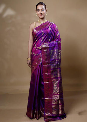 Purple Handloom Baluchari Pure Silk Saree With Blouse Piece