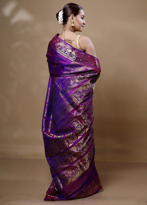 Purple Handloom Baluchari Pure Silk Saree With Blouse Piece