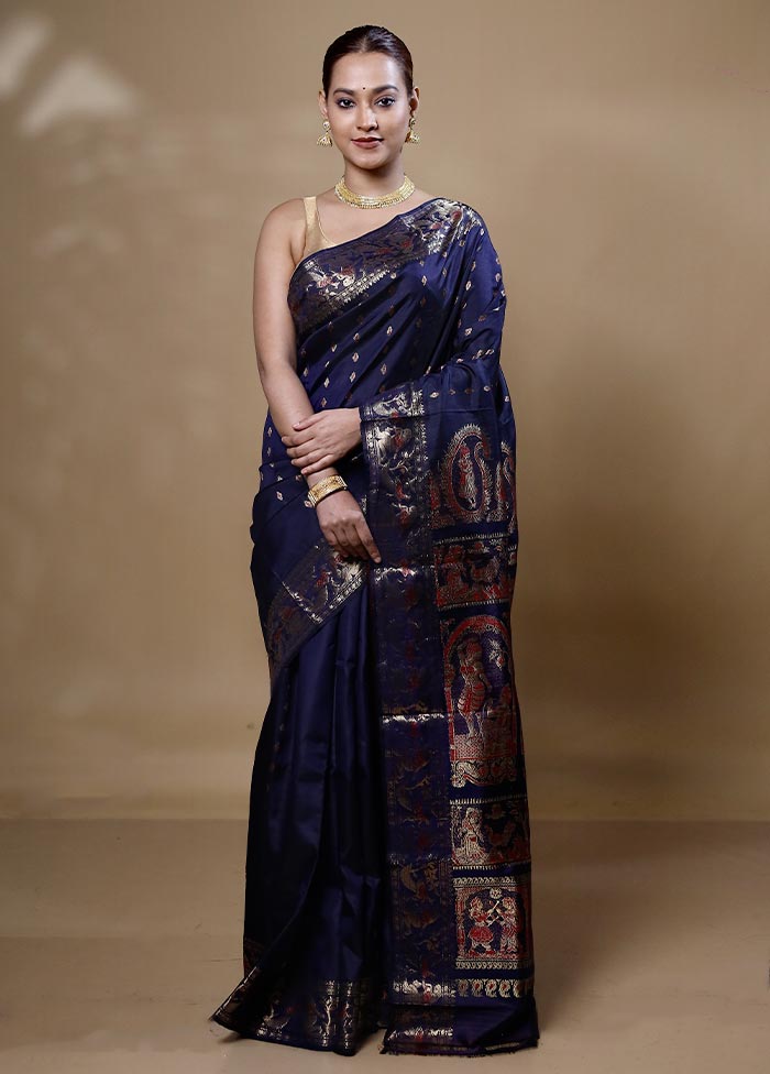 Blue Handloom Baluchari Pure Silk Saree With Blouse Piece