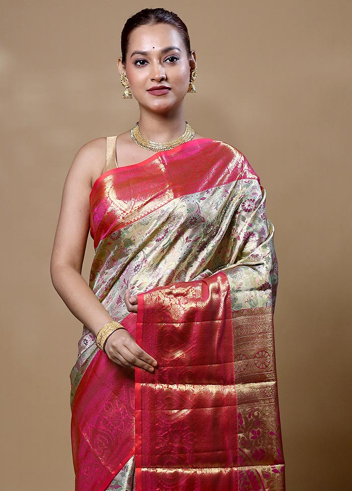 Cream Handloom Kanchipuram Pure Silk Saree With Blouse Piece