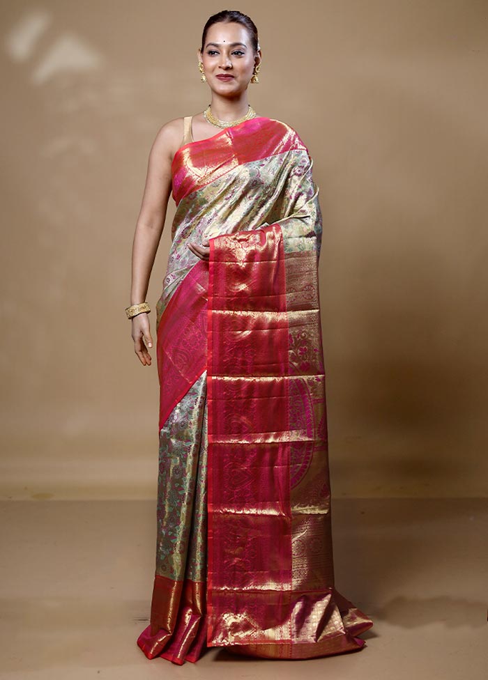 Cream Handloom Kanchipuram Pure Silk Saree With Blouse Piece