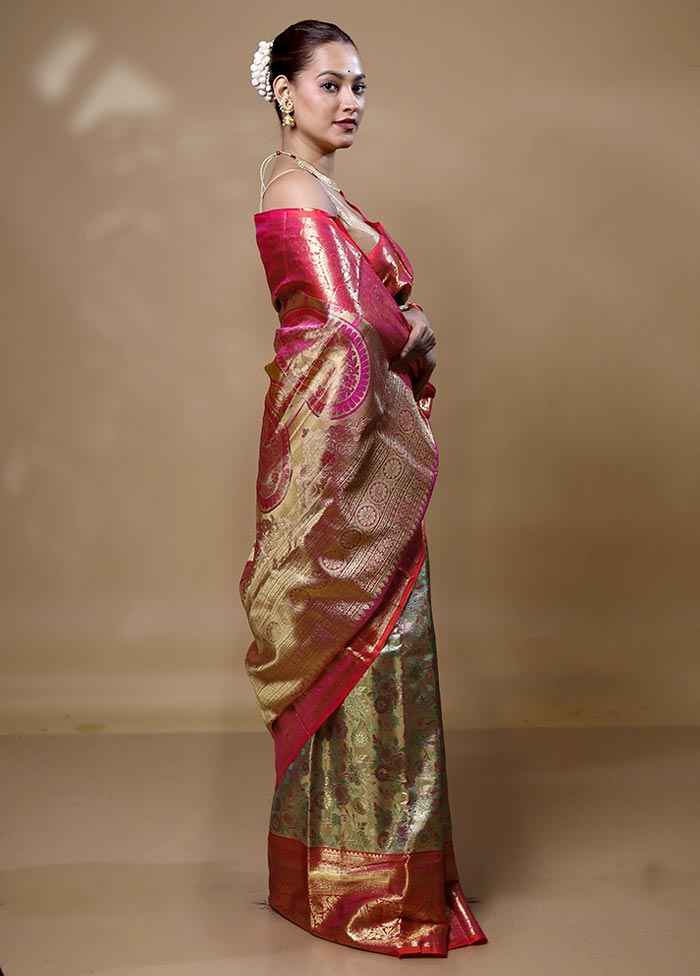 Cream Handloom Kanchipuram Pure Silk Saree With Blouse Piece