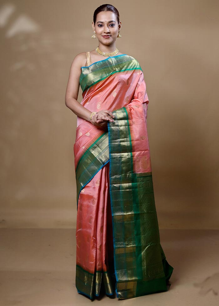 Pink Handloom Kanchipuram Pure Silk Saree With Blouse Piece