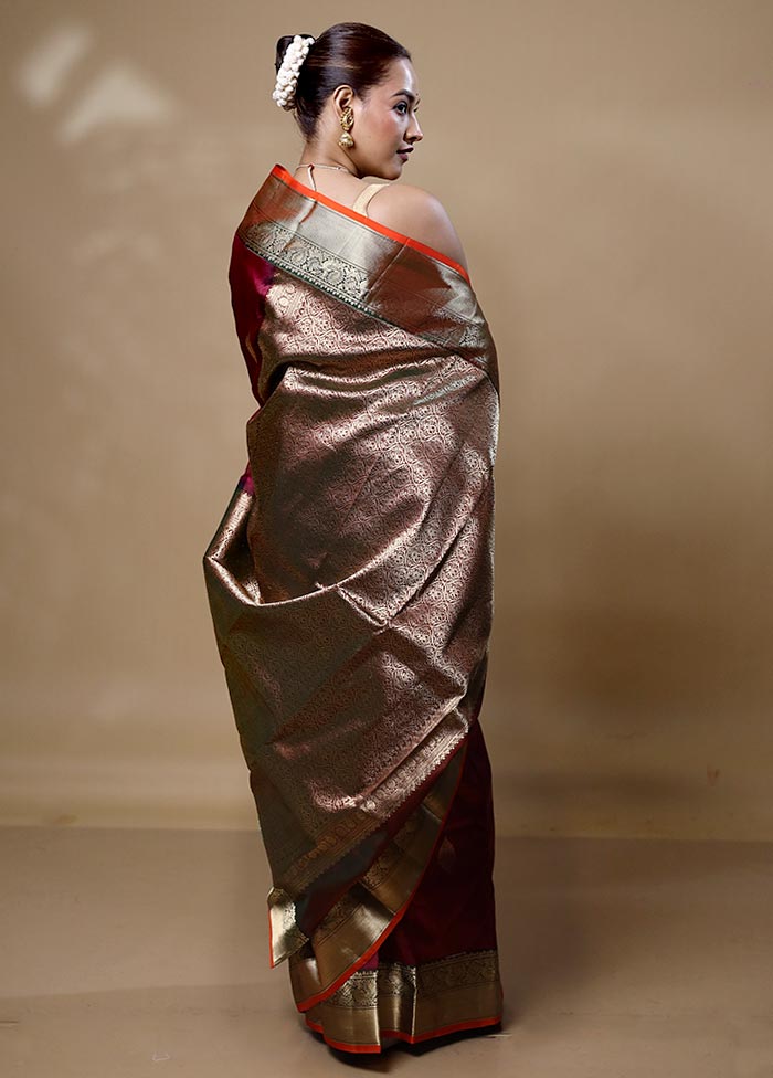 Maroon Handloom Kanchipuram Pure Silk Saree With Blouse Piece