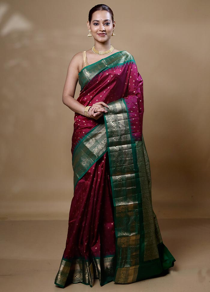 Violet Handloom Kanchipuram Pure Silk Saree With Blouse Piece