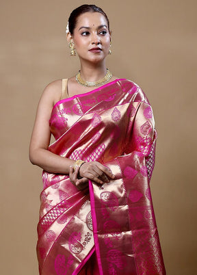 Pink Handloom Kanjivaram Pure Silk Saree With Blouse Piece