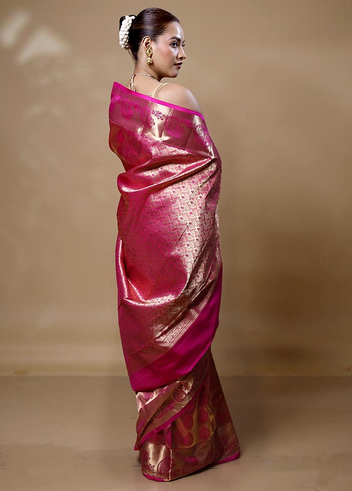 Pink Handloom Kanjivaram Pure Silk Saree With Blouse Piece