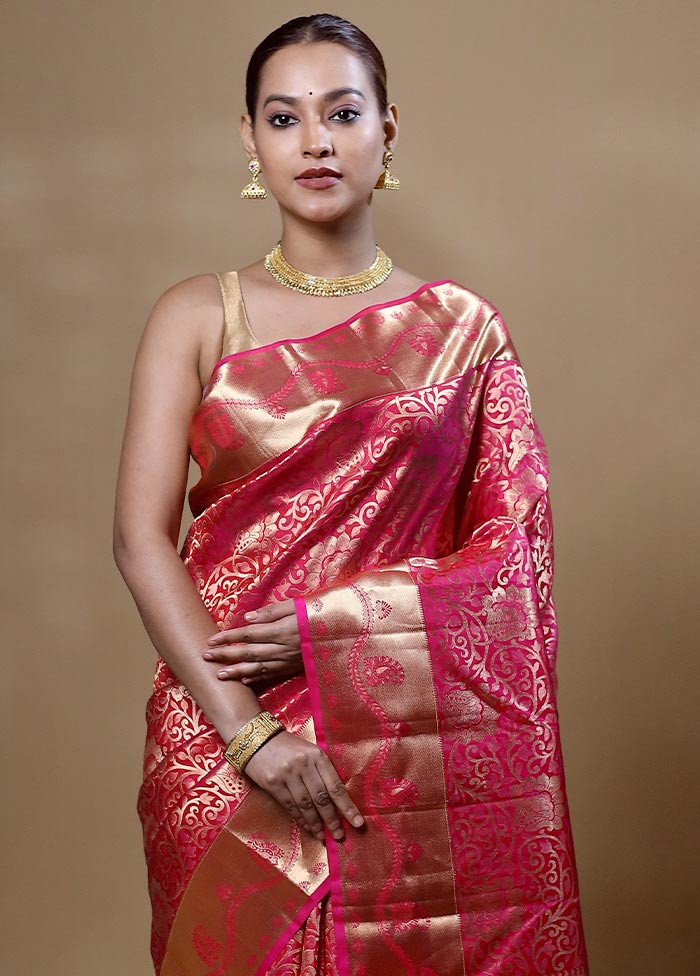 Pink Handloom Kanjivaram Pure Silk Saree With Blouse Piece