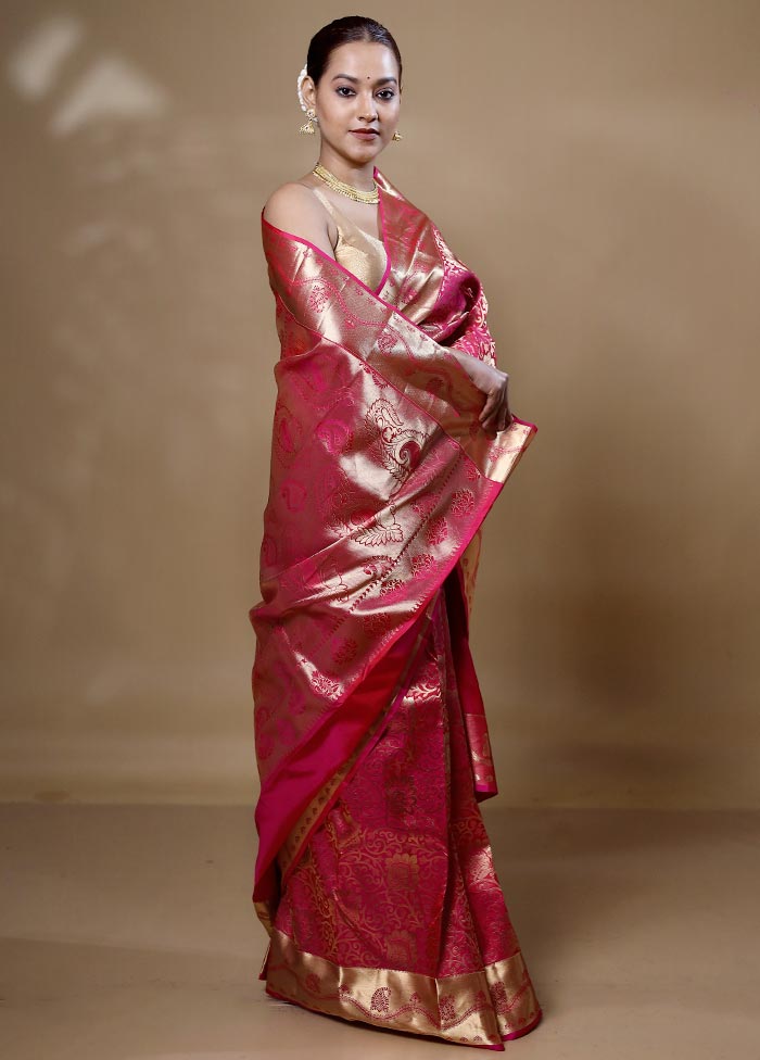 Pink Handloom Kanjivaram Pure Silk Saree With Blouse Piece