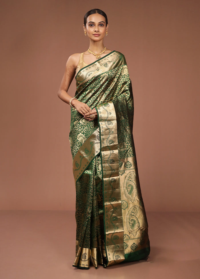 Green Handloom Kanjivaram Pure Silk Saree With Blouse Piece