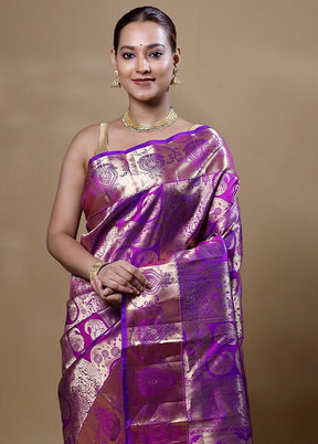 Purple Handloom Kanjivaram Pure Silk Saree With Blouse Piece