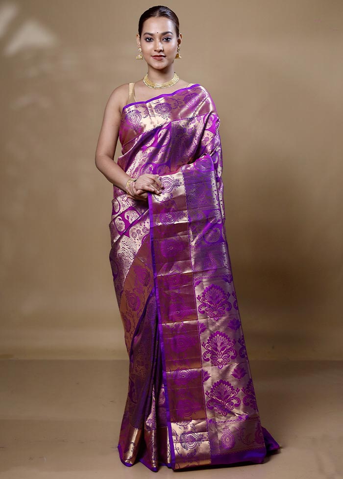 Purple Handloom Kanjivaram Pure Silk Saree With Blouse Piece