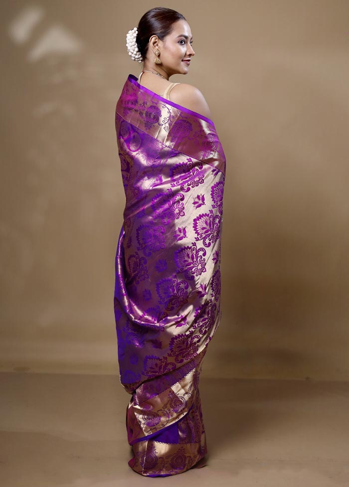 Purple Handloom Kanjivaram Pure Silk Saree With Blouse Piece