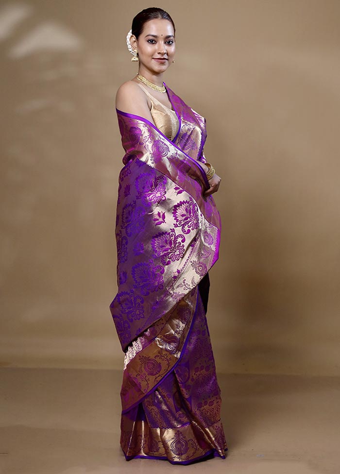 Purple Handloom Kanjivaram Pure Silk Saree With Blouse Piece