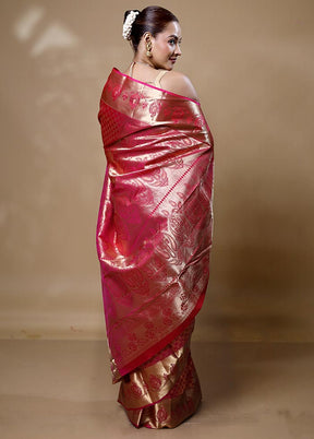 Pink Handloom Kanjivaram Pure Silk Saree With Blouse Piece