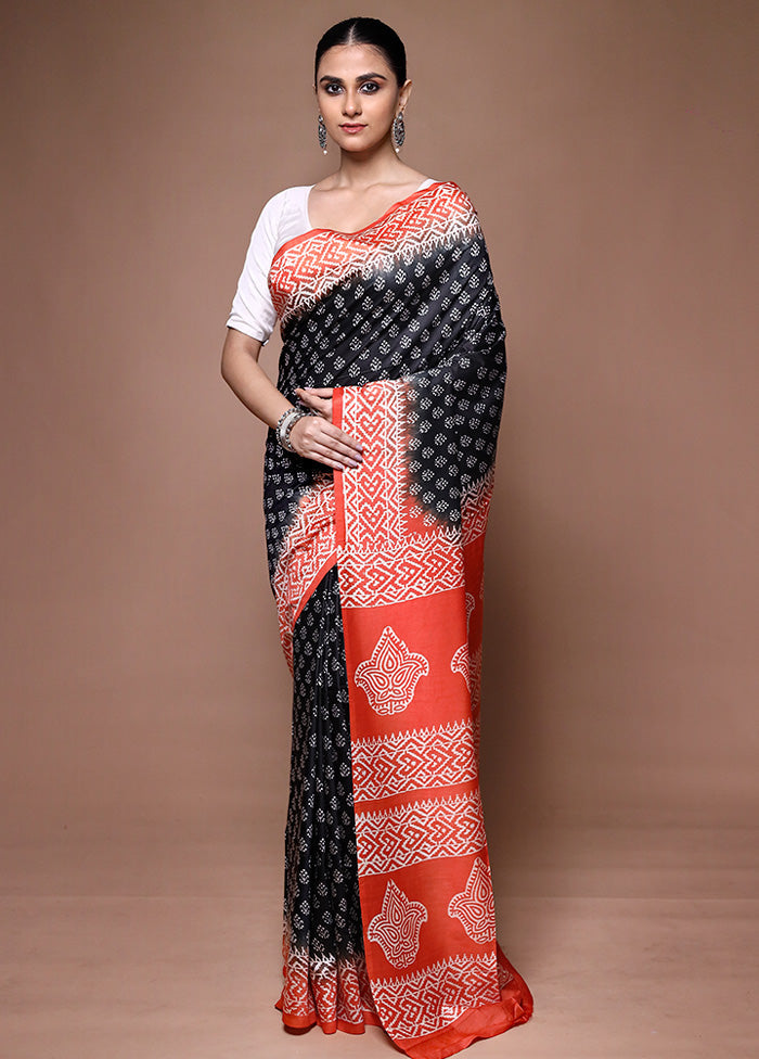 Black Printed Silk Saree Without Blouse Piece