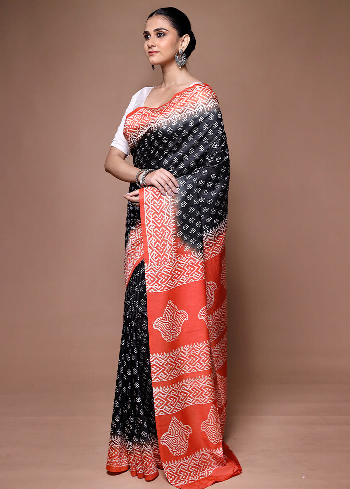 Black Printed Silk Saree Without Blouse Piece