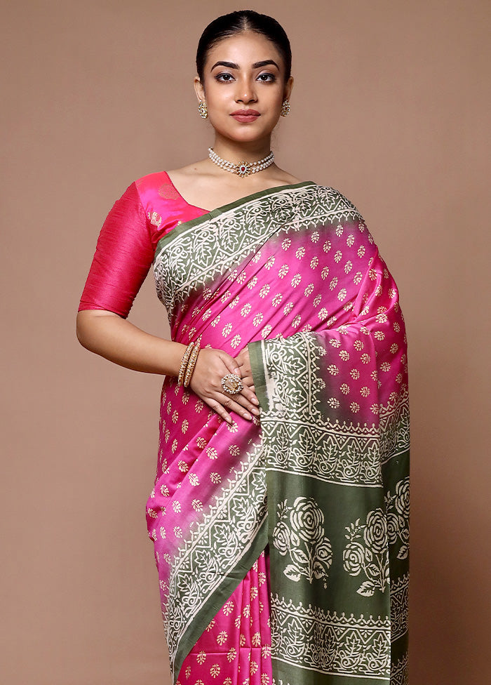 Pink Printed Silk Saree Without Blouse Piece