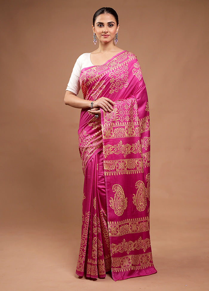 Pink Printed Silk Saree Without Blouse Piece