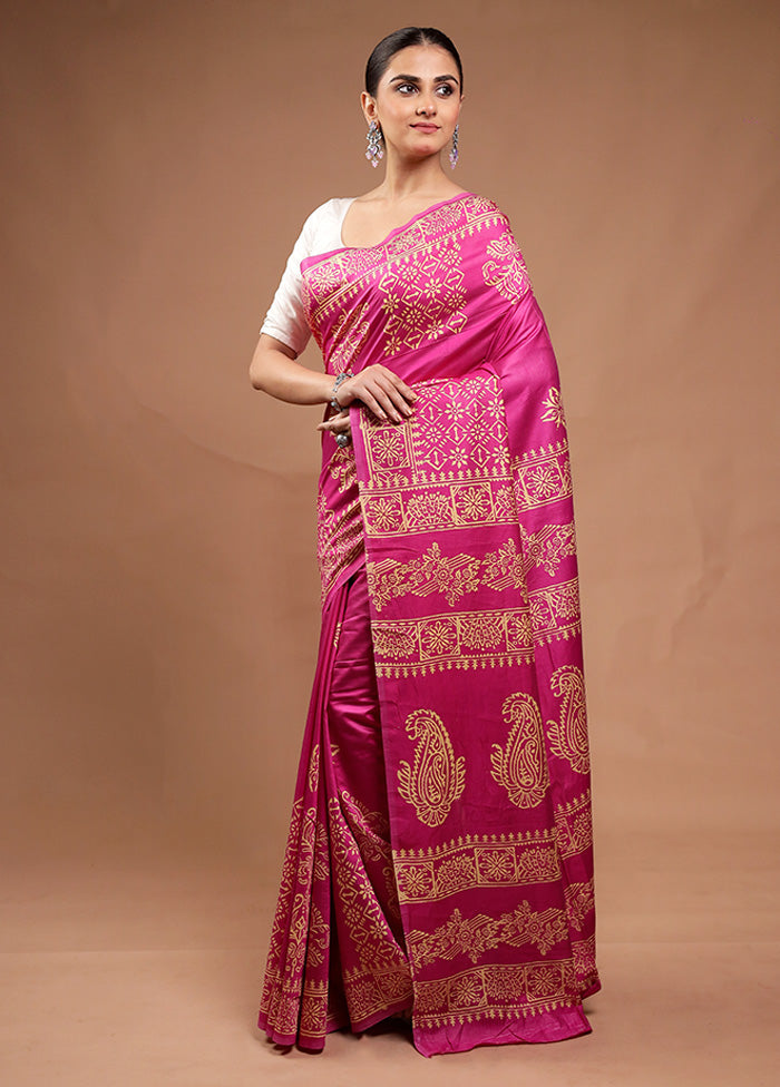 Pink Printed Silk Saree Without Blouse Piece