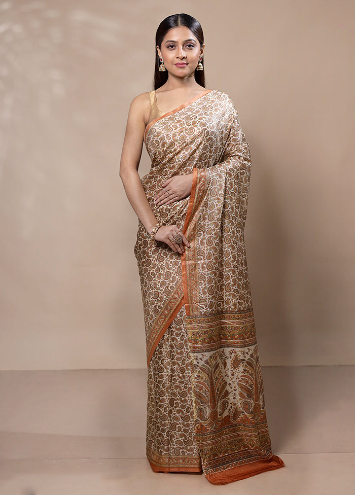 Beige Printed Silk Saree Without Blouse Piece