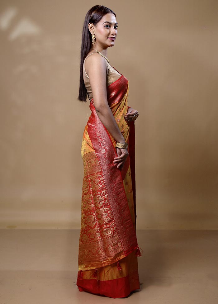 Yellow Dupion Silk Saree With Blouse Piece