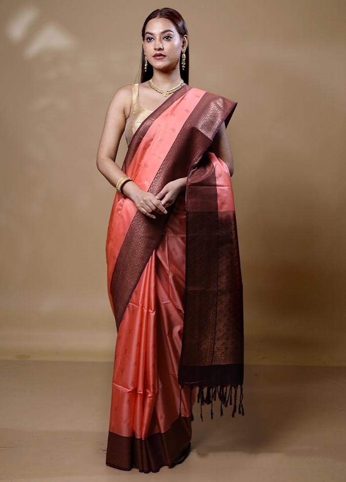 Peach Dupion Silk Saree With Blouse Piece