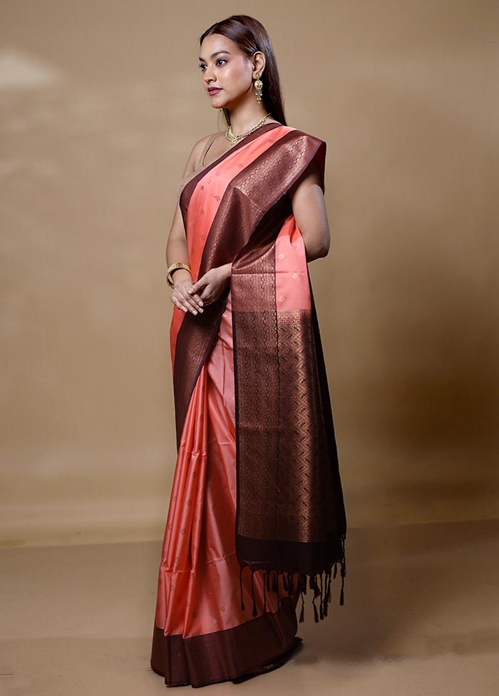 Peach Dupion Silk Saree With Blouse Piece