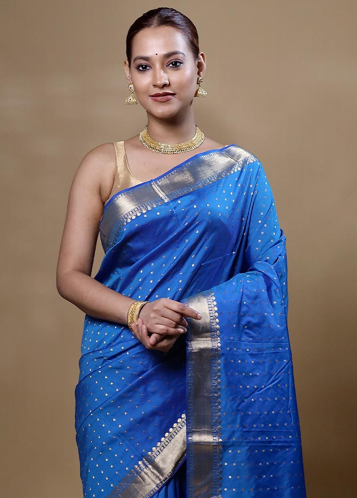 Blue Hazar Butti Kanjivaram Silk Saree With Blouse Piece