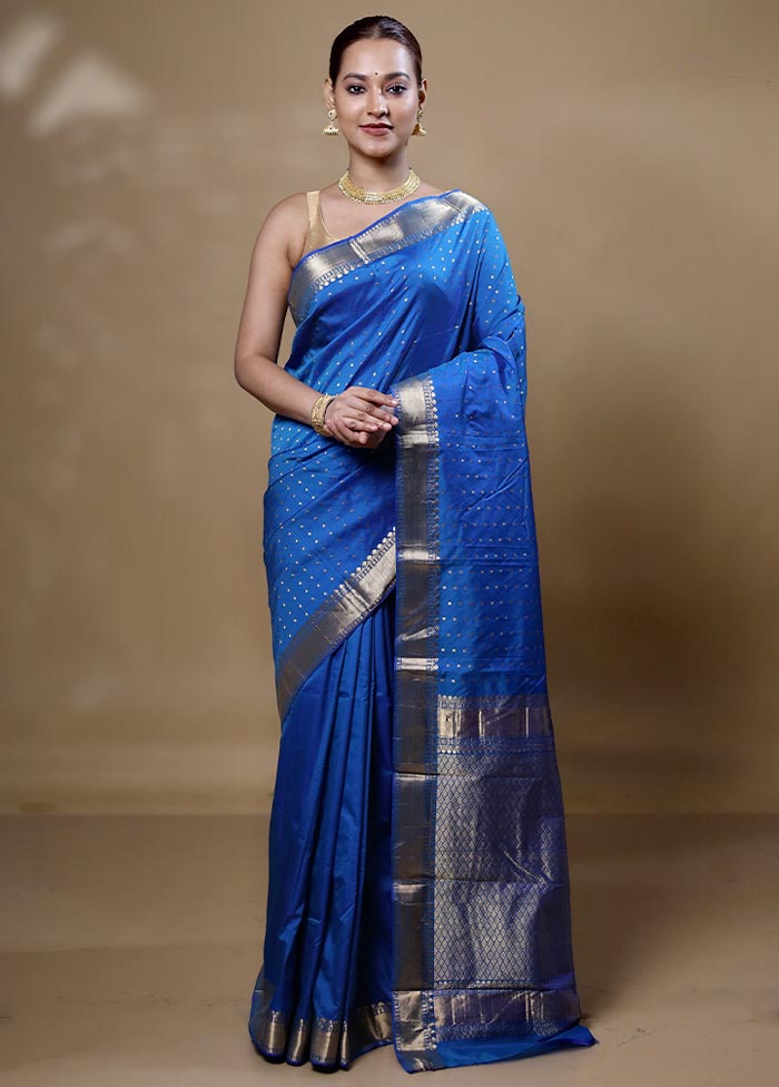 Blue Hazar Butti Kanjivaram Silk Saree With Blouse Piece