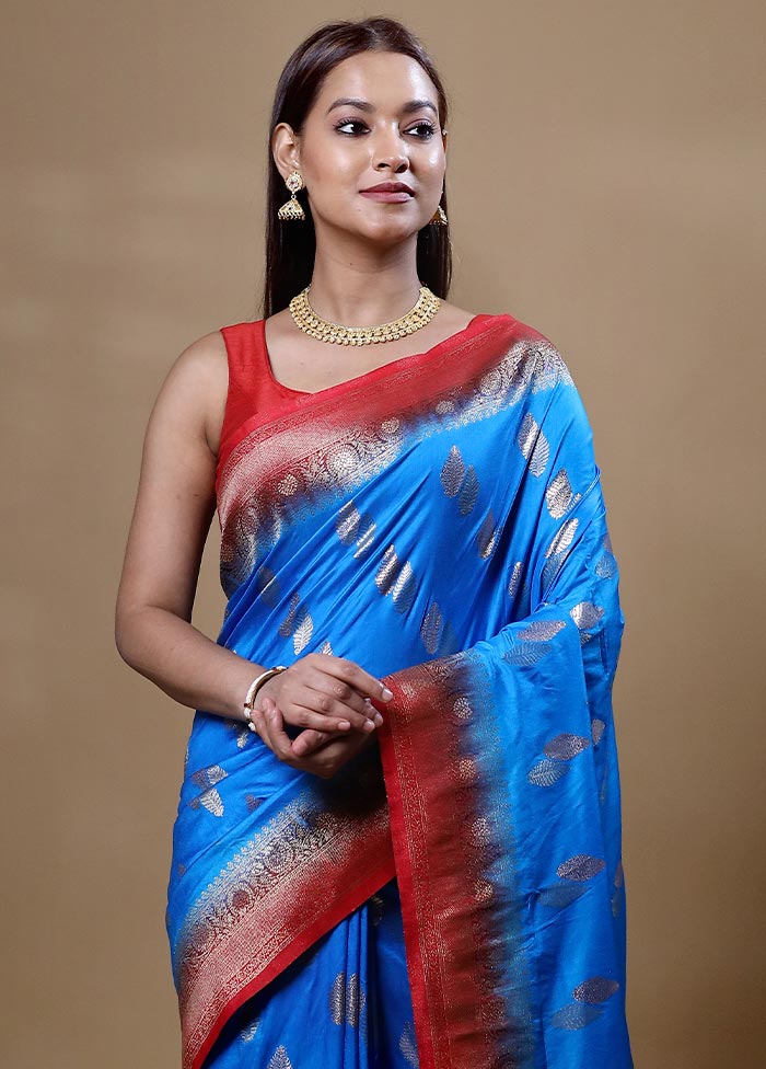 Blue Dupion Silk Saree With Blouse Piece