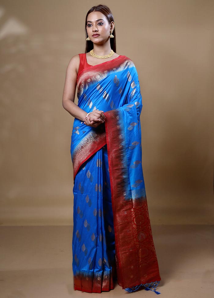 Blue Dupion Silk Saree With Blouse Piece