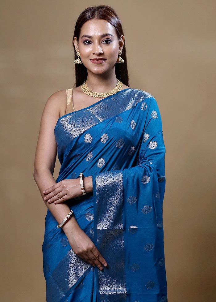 Blue Dupion Silk Saree With Blouse Piece