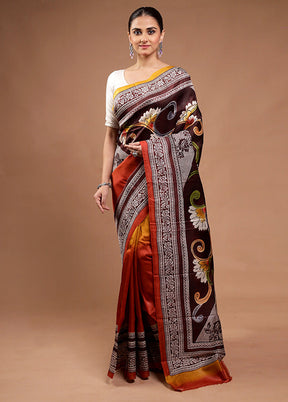 Brown Printed Pure Silk Saree Without Blouse Piece