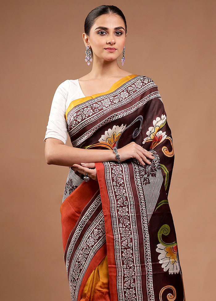 Brown Printed Pure Silk Saree Without Blouse Piece