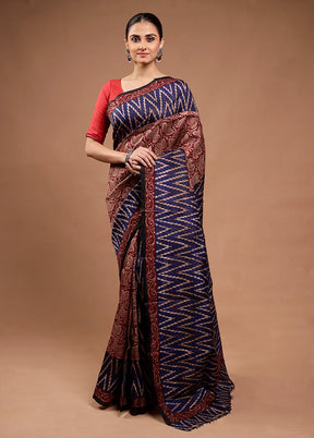 Blue Printed Pure Silk Saree Without Blouse Piece