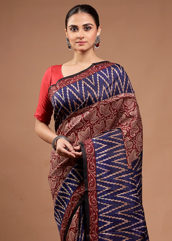 Blue Printed Pure Silk Saree Without Blouse Piece