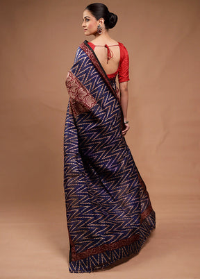 Blue Printed Pure Silk Saree Without Blouse Piece