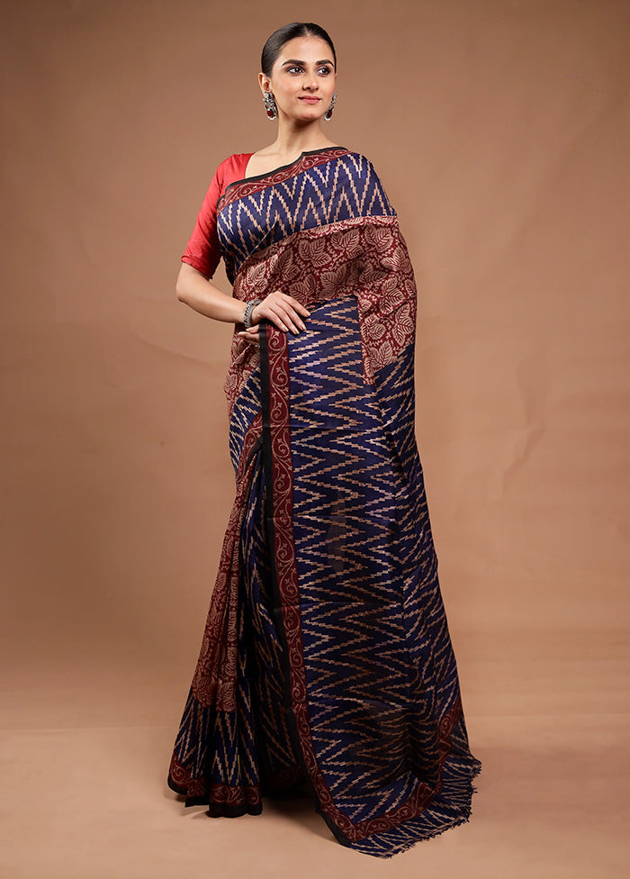 Blue Printed Pure Silk Saree Without Blouse Piece