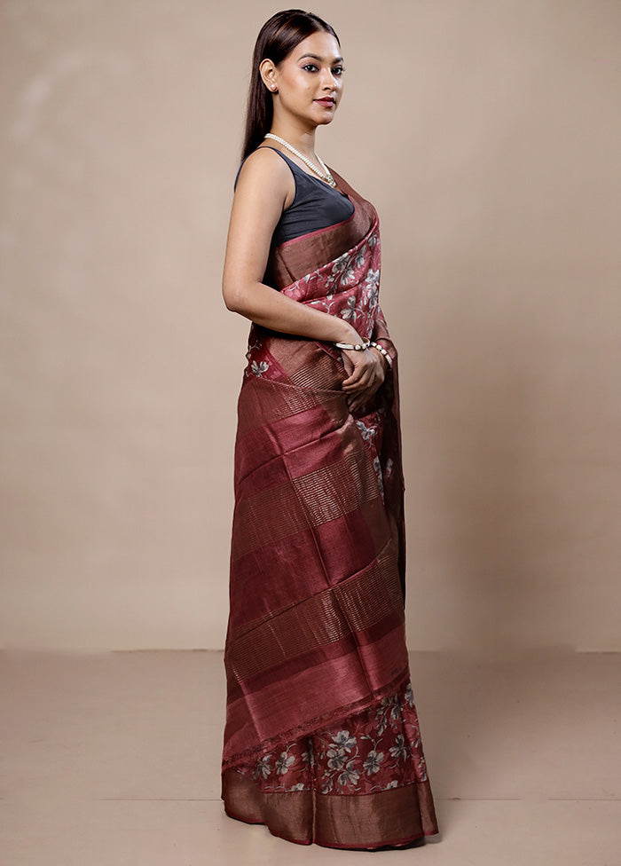 Pink Tussar Silk Saree With Blouse Piece