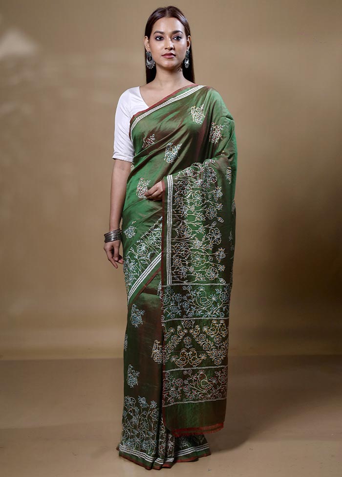 Green Printed Pure Silk Saree Without Blouse Piece