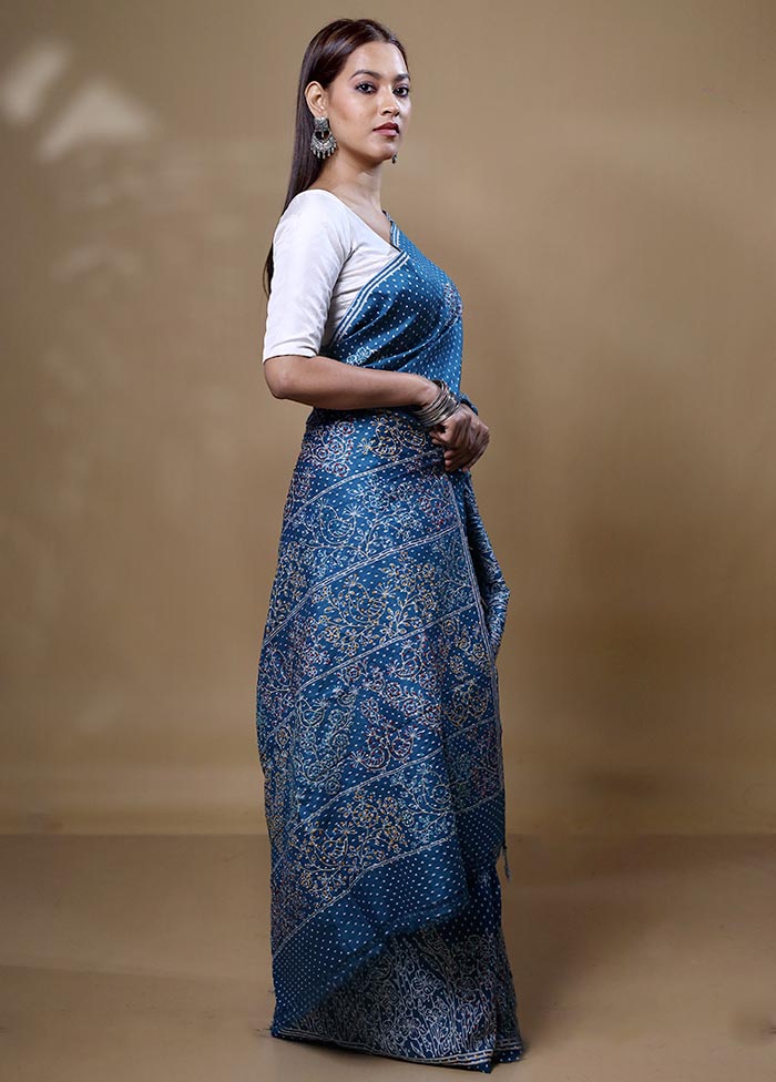 Blue Printed Pure Silk Saree Without Blouse Piece