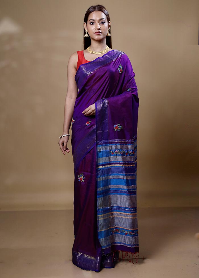 Violet Handloom Tussar Pure Silk Saree With Blouse Piece