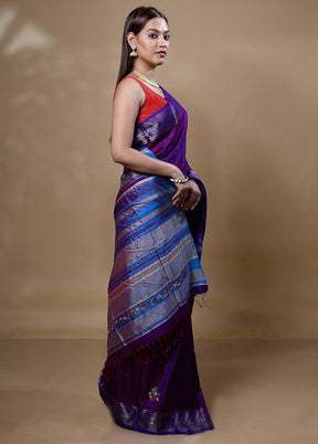 Violet Handloom Tussar Pure Silk Saree With Blouse Piece