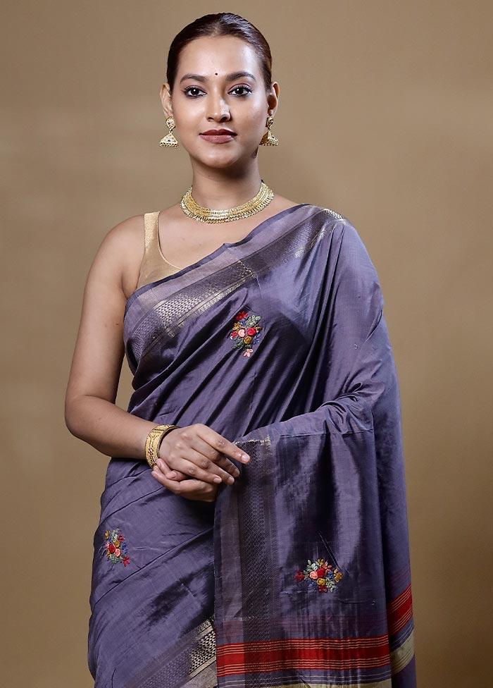 Grey Handloom Tussar Pure Silk Saree With Blouse Piece