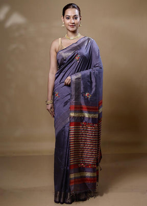 Grey Handloom Tussar Pure Silk Saree With Blouse Piece