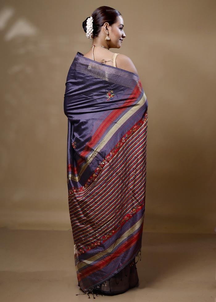 Grey Handloom Tussar Pure Silk Saree With Blouse Piece