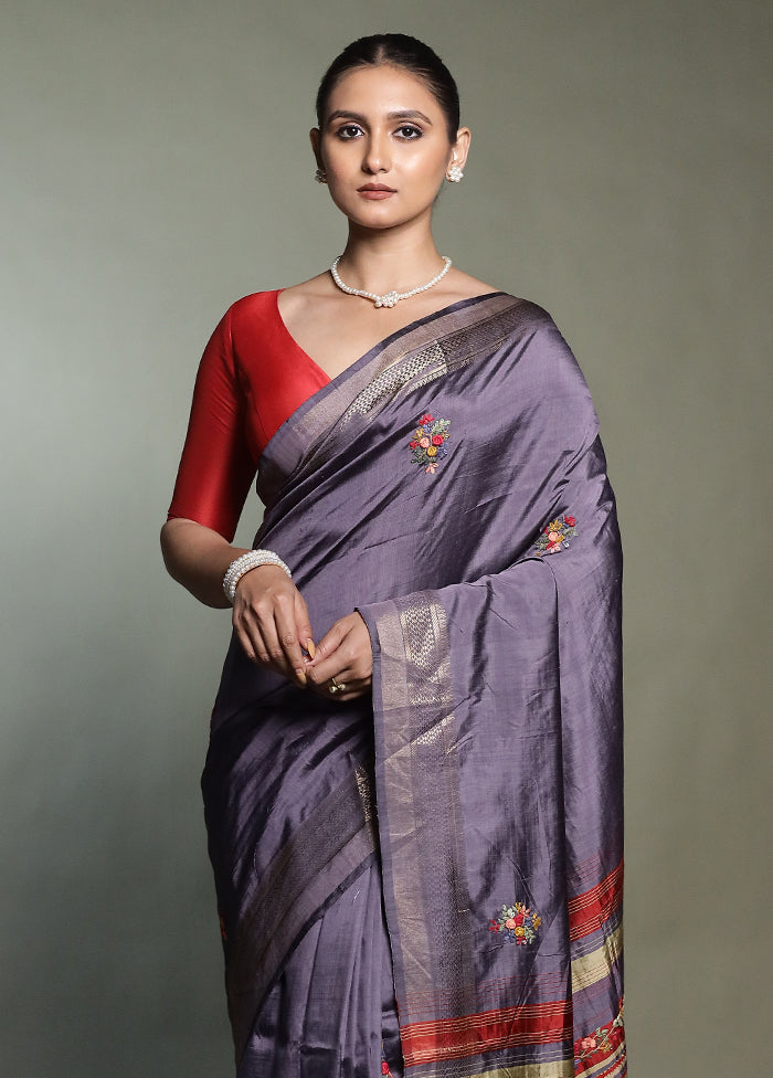 Grey Handloom Tussar Pure Silk Saree With Blouse Piece