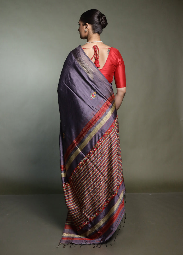 Grey Handloom Tussar Pure Silk Saree With Blouse Piece