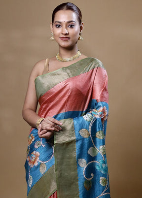 Blue Handloom Tussar Pure Silk Saree With Blouse Piece